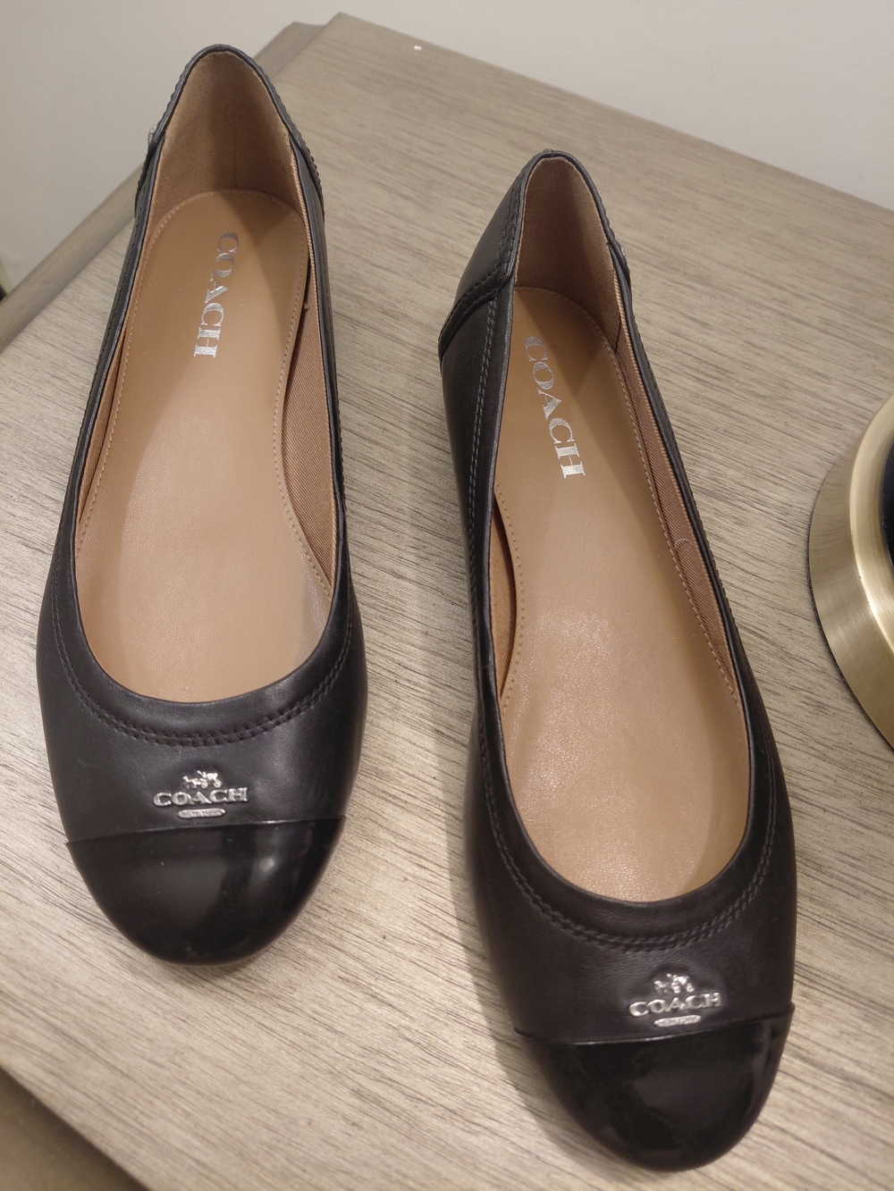 Coach Black Leather Cap-Toe Ballet Flats with Logo